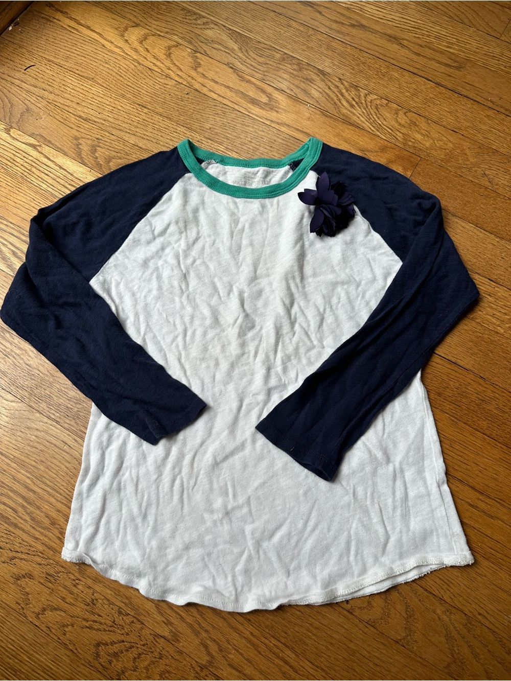 Crewcuts Navy & White Raglan Tee with Green Trim and Navy Flower